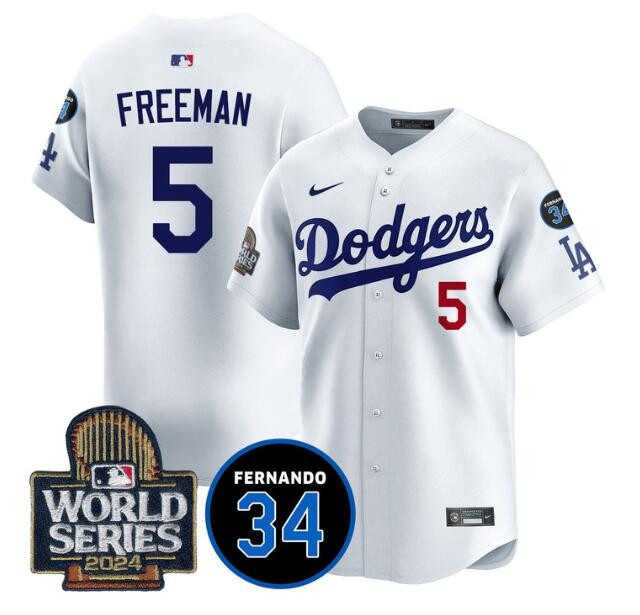 Mens Los Angeles Dodgers #5 Freddie Freeman White 2024 World Series With Fernando Memorial Patch Limited Stitched Jersey Dzhi